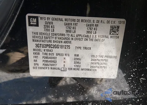 2016 GMC Sierra 1500 Denali z USA, uszkodzony, nr VIN 3GTU2PEC2GG181275